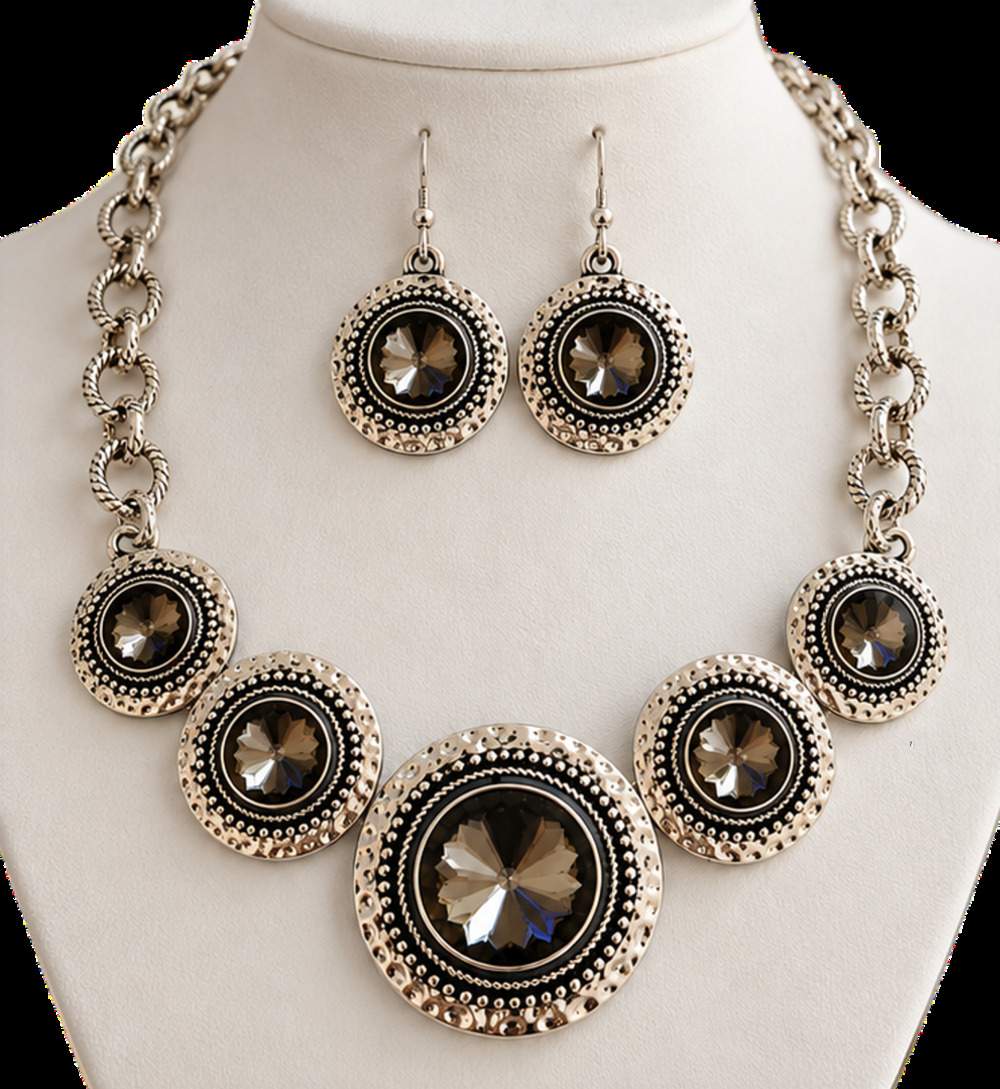 Statement Smoky Crystal Necklace & Matching Earrings Set